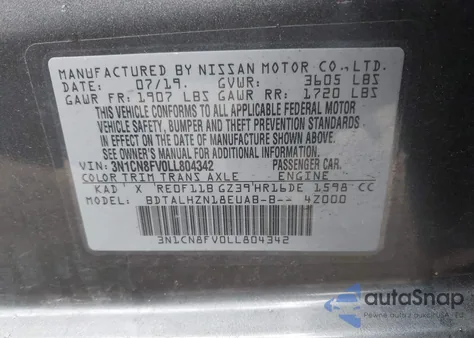 2020 Nissan Versa Sr Xtronic Cvt из США, поврежденный, VIN 3N1CN8FV0LL804342